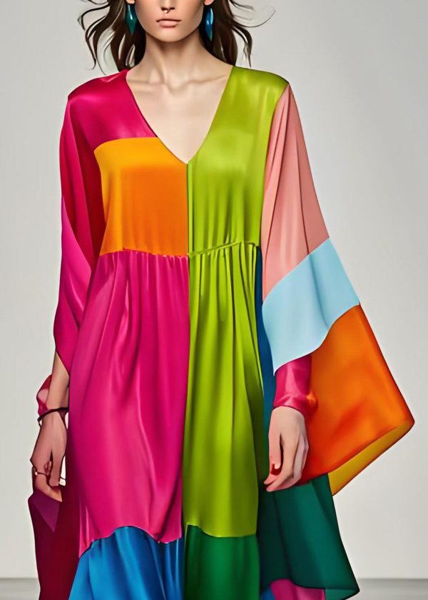 Boho Colorblock V Neck Patchwork Silk Long Dress Summer - Image 3