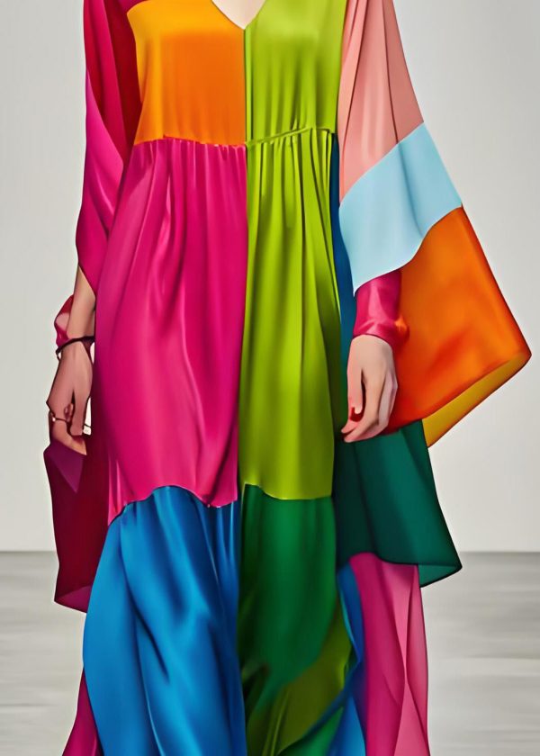 Boho Colorblock V Neck Patchwork Silk Long Dress Summer - Image 5