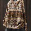 Boho Khaki Hooded Print Cotton Knit Sweater Tops Spring