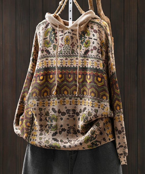 Boho Khaki Hooded Print Cotton Knit Sweater Tops Spring