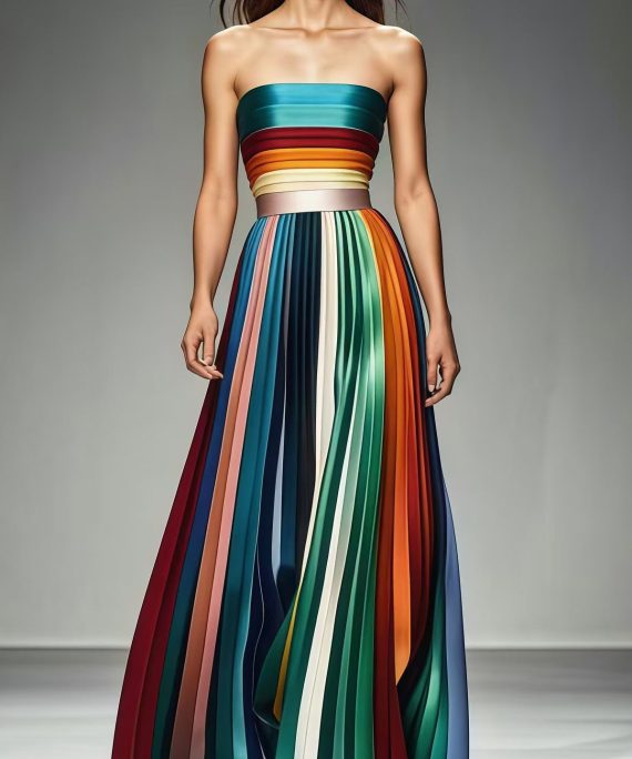Boho Multicolor Cold Shoulder Silm Fit Chiffon Strapless Pleated Summer