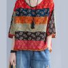 Boho Print V Neck Patchwork Loose drawstring Fall Blouses Half Sleeve