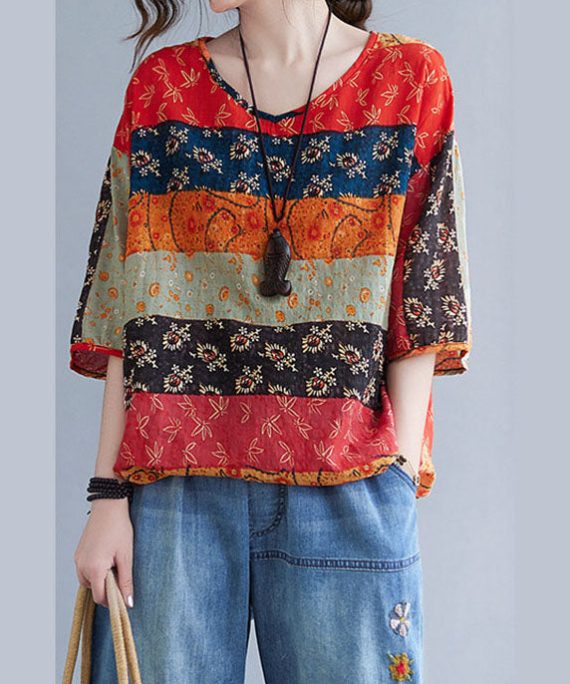 Boho Print V Neck Patchwork Loose drawstring Fall Blouses Half Sleeve