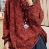 Boho Red O Neck Print Cotton Knit Loose Sweaters Top Spring