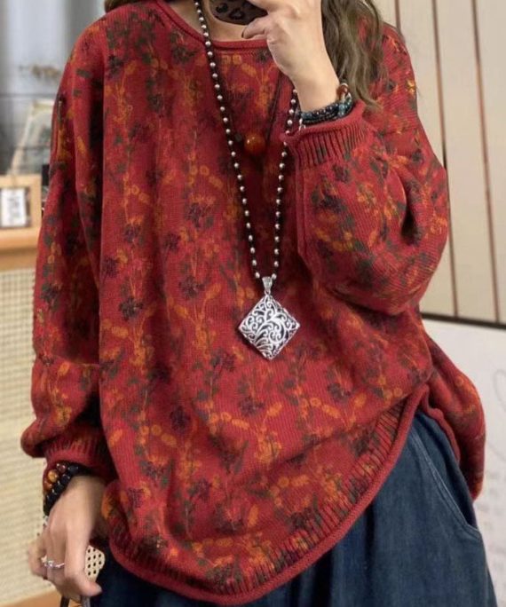 Boho Red O Neck Print Cotton Knit Loose Sweaters Top Spring