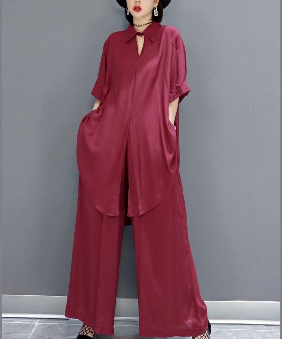 Boho Red Peter Pan Collar shirt wide leg pants Satin Two Pieces Set Spring
