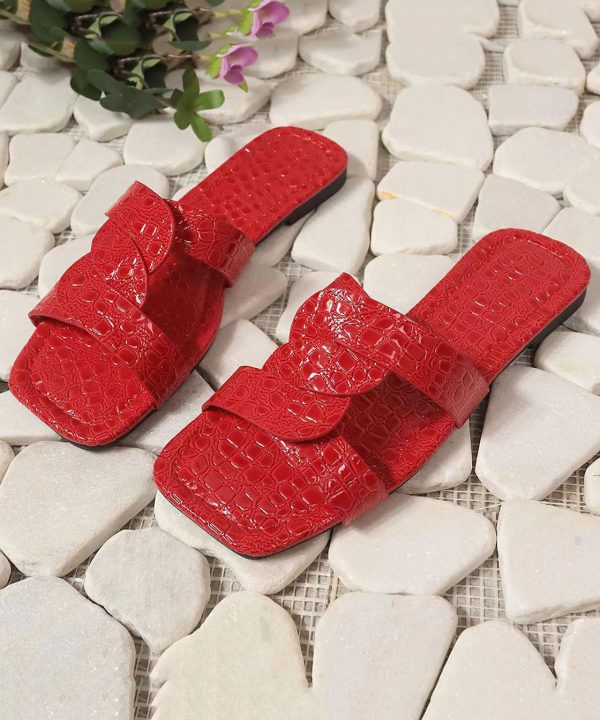 Boho Red Plus Size Faux Leather Slide Sandals Peep Toe - Image 5