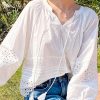 Boho White Hollow Out Lace Up Cotton Shirt Butterfly Sleeve