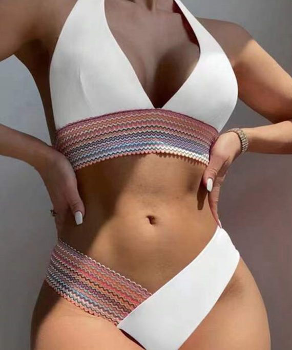 Boho White Striped Patchwork Tie Lace Lingerie Sets