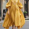 Boho Yellow Exra Large Hem Cotton Maxi Dresses Lantern Sleeve