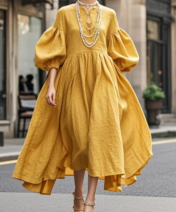 Boho Yellow Exra Large Hem Cotton Maxi Dresses Lantern Sleeve