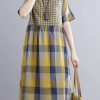 Boho Yellow Plaid Pockets Patchwork Fall Holiday Dress Long sleeve