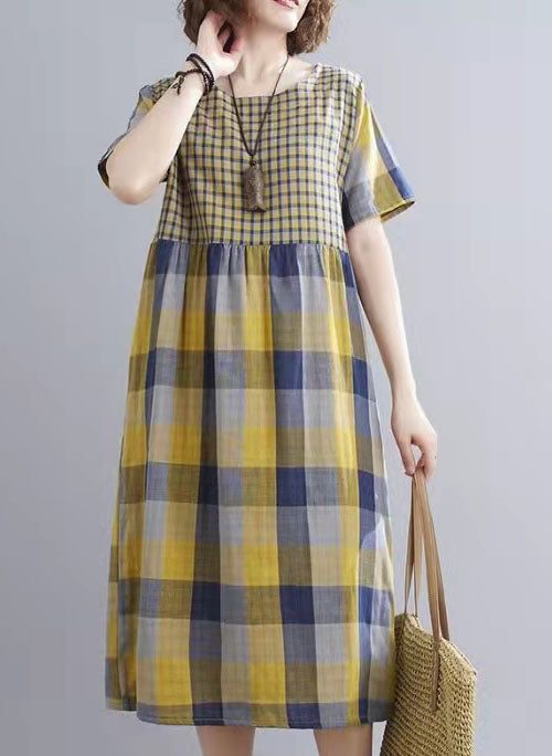 Boho Yellow Plaid Pockets Patchwork Fall Holiday Dress Long sleeve
