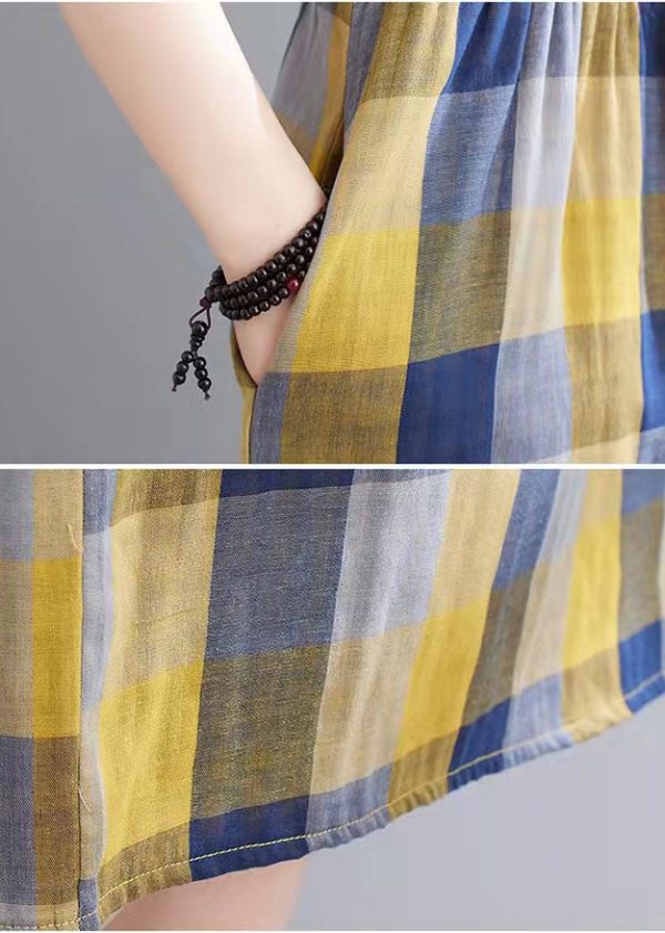 Boho Yellow Plaid Pockets Patchwork Fall Holiday Dress Long sleeve - Image 5
