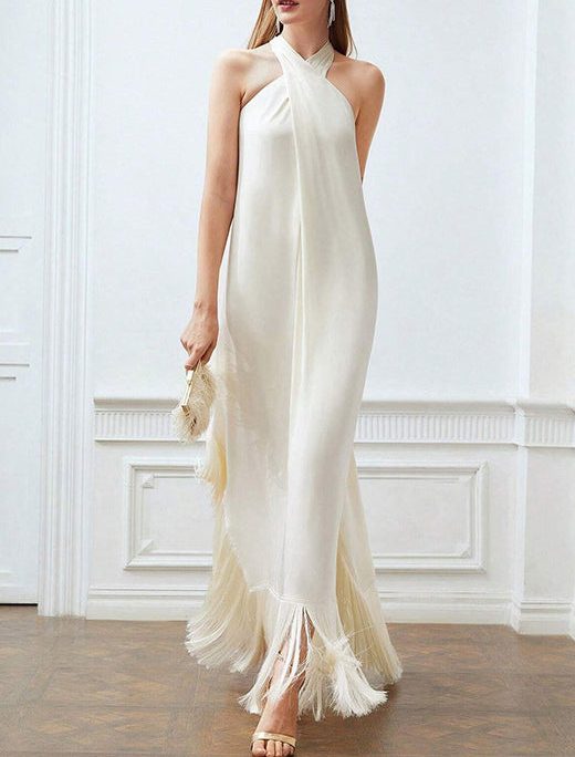 Boutique Beige Tasseled Off The Shoulder Dress Sleeveless