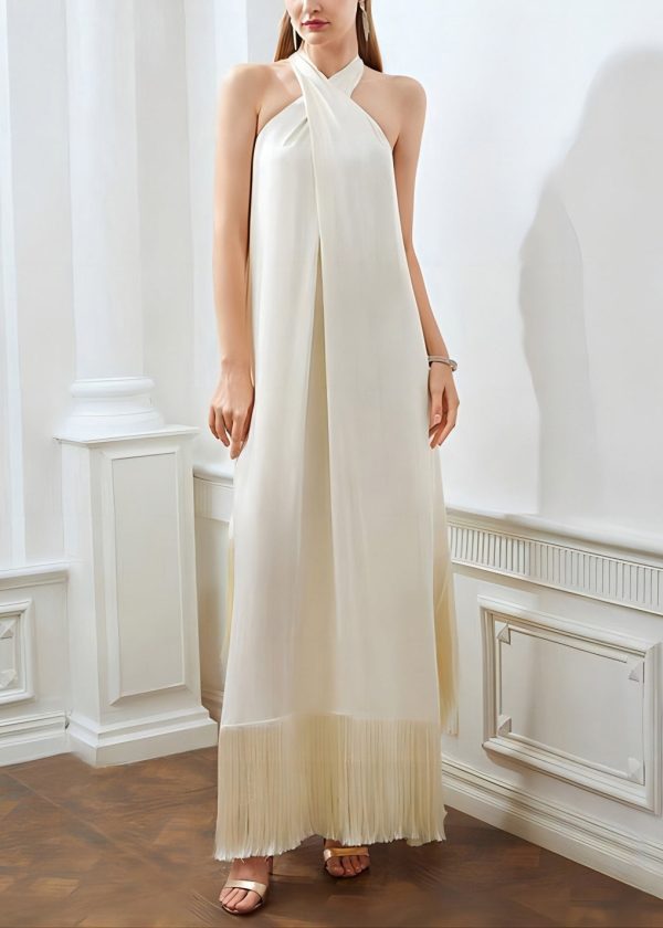 Boutique Beige Tasseled Off The Shoulder Dress Sleeveless - Image 4