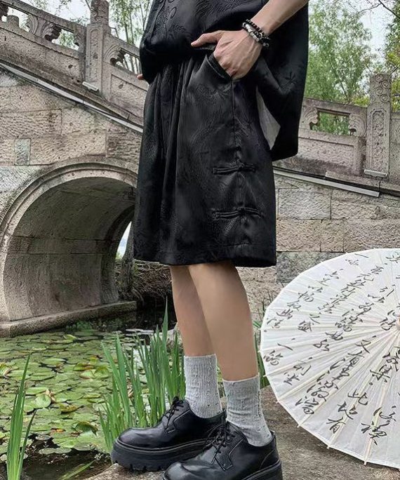 Boutique Black Pockets Print Ice Silk Men Beach Shorts Summer