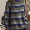 Boutique Blue Half Hign Neck Striped Cotton Knit Sweater Spring