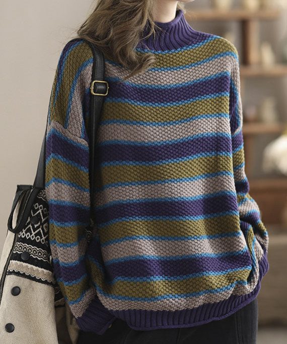 Boutique Blue Half Hign Neck Striped Cotton Knit Sweater Spring
