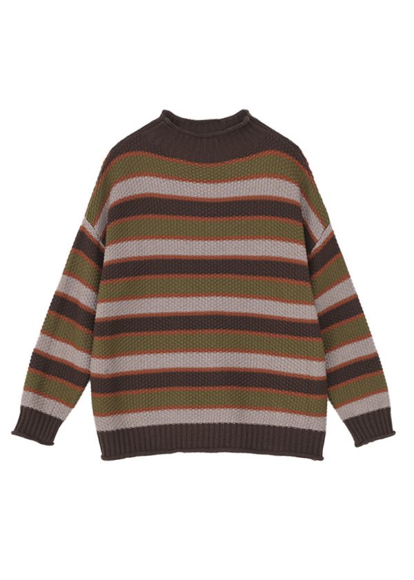 Boutique Blue Half Hign Neck Striped Cotton Knit Sweater Spring - Image 5