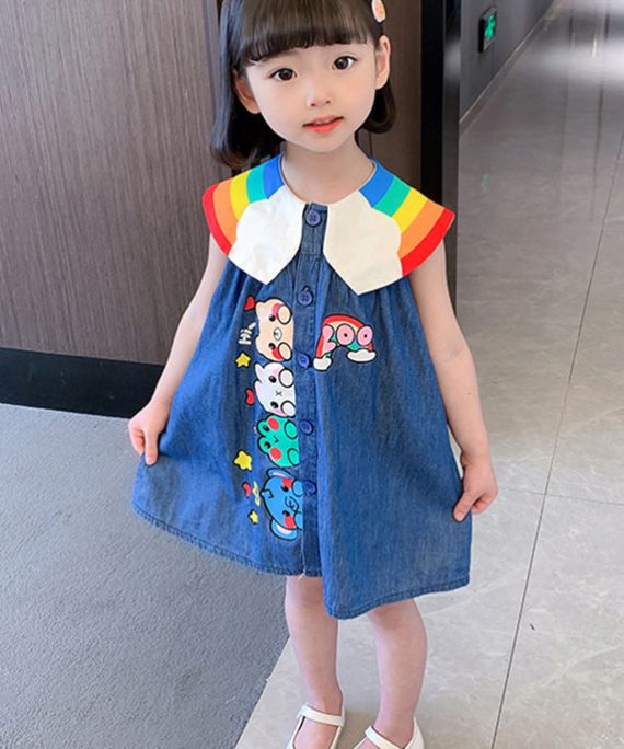 Boutique Blue Peter Pan Collar Animal Print Button Kids Denim Mid Dress Summer