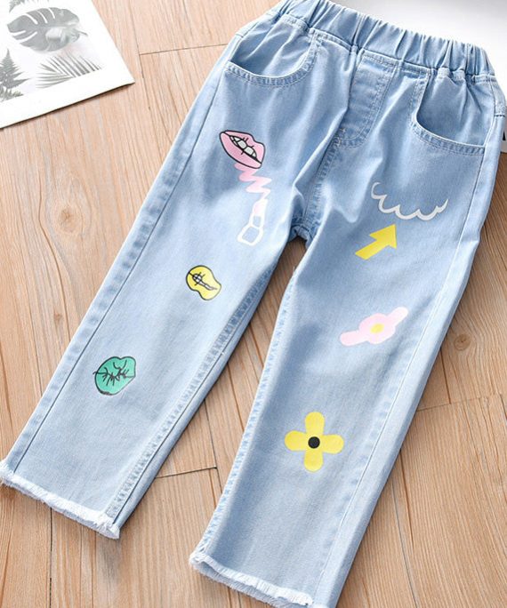 Boutique Blue Print Pockets Girls Straight Denim Pants