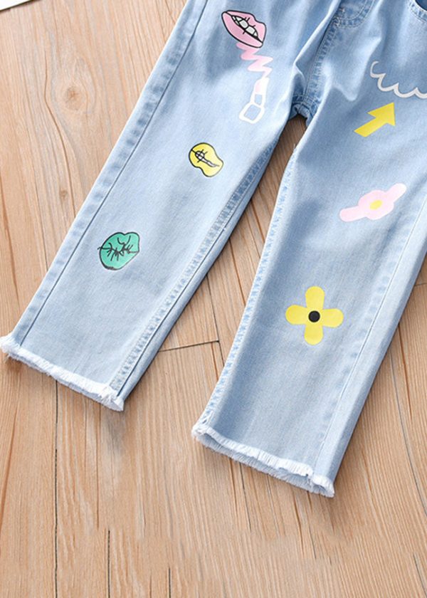 Boutique Blue Print Pockets Girls Straight Denim Pants - Image 4
