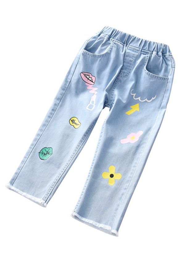 Boutique Blue Print Pockets Girls Straight Denim Pants - Image 5