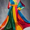 Boutique Colorblock O Neck Tie Waist Patchwork Silk Dresses Long Sleeve