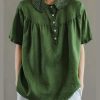 Boutique Green Peter Pan Collar Button Linen Summer Shirt Tops