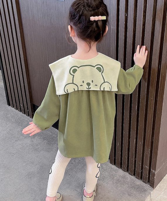 Boutique Green Sailor Collar Print Kids Mid Dresses Fall
