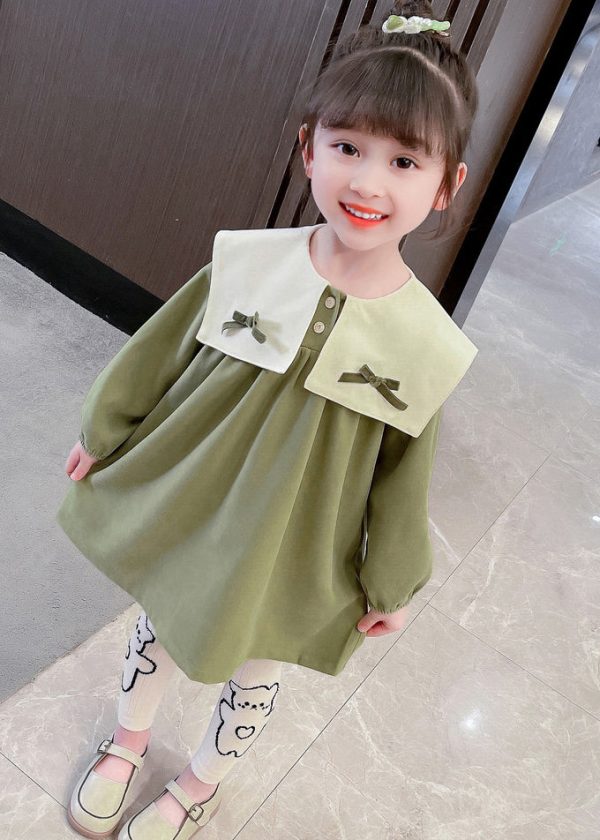 Boutique Green Sailor Collar Print Kids Mid Dresses Fall - Image 2
