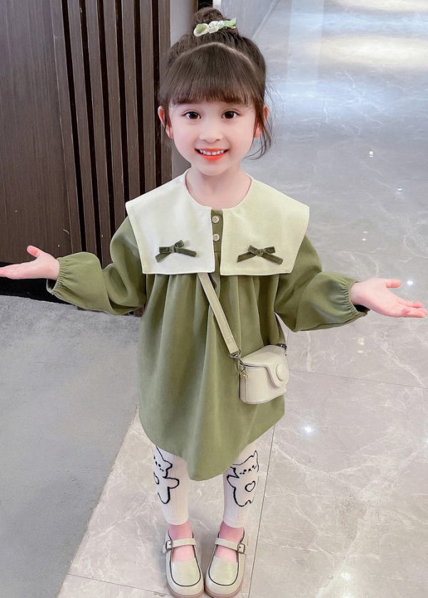 Boutique Green Sailor Collar Print Kids Mid Dresses Fall - Image 3