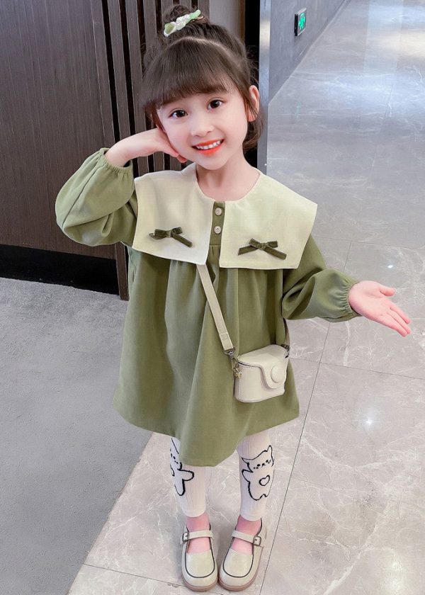Boutique Green Sailor Collar Print Kids Mid Dresses Fall - Image 4