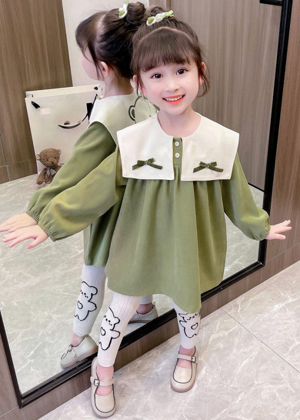 Boutique Green Sailor Collar Print Kids Mid Dresses Fall - Image 5