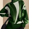 Boutique Green Turtleneck Print Cotton Knitted Sweaters Tops Spring