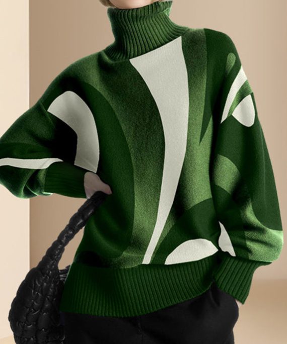 Boutique Green Turtleneck Print Cotton Knitted Sweaters Tops Spring