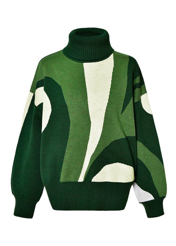Boutique Green Turtleneck Print Cotton Knitted Sweaters Tops Spring - Image 4