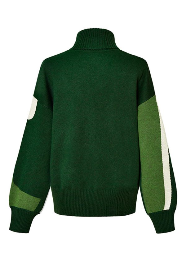 Boutique Green Turtleneck Print Cotton Knitted Sweaters Tops Spring - Image 5