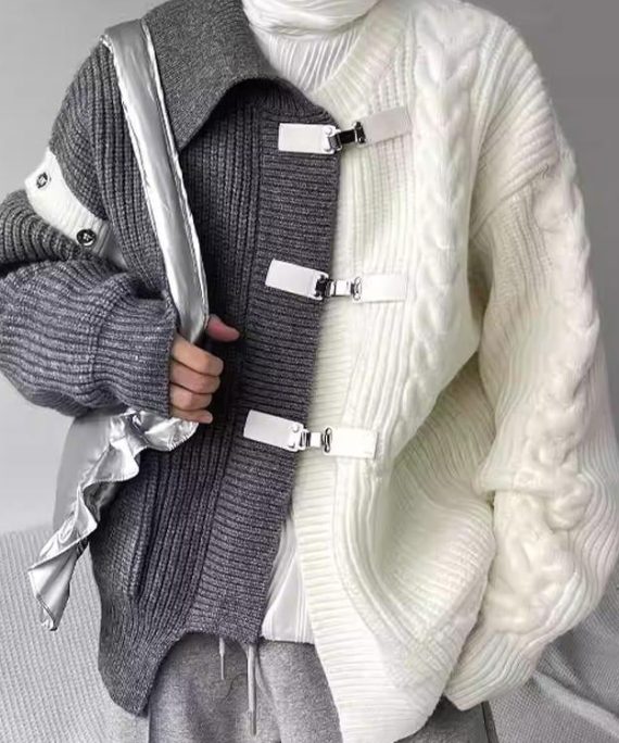 Boutique Grey Asymmetrical Buckle Patchwork Knit Sweaters Spring