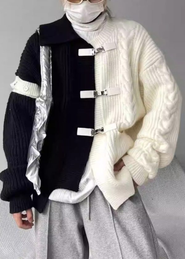Boutique Grey Asymmetrical Buckle Patchwork Knit Sweaters Spring - Image 2