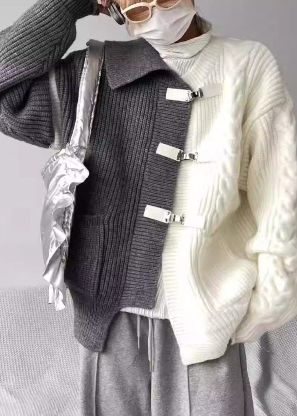 Boutique Grey Asymmetrical Buckle Patchwork Knit Sweaters Spring - Image 3