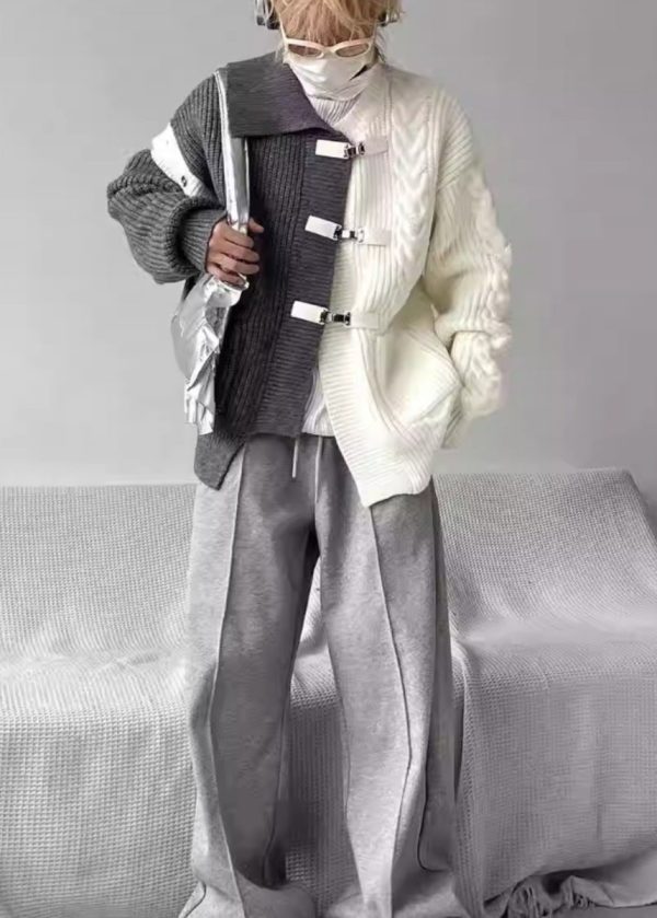 Boutique Grey Asymmetrical Buckle Patchwork Knit Sweaters Spring - Image 5