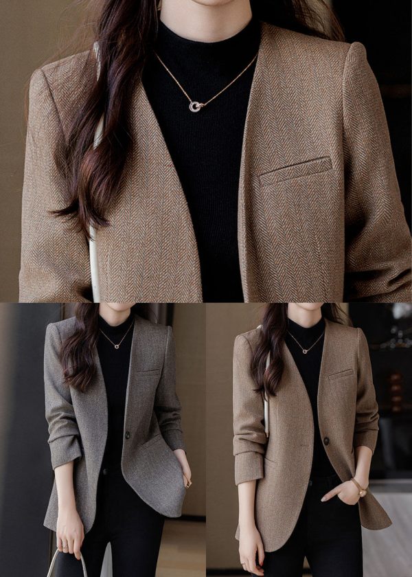 Boutique Grey V Neck Woolen Formal Coats Spring - Image 5