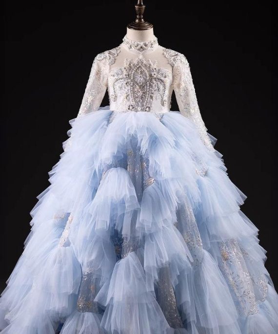 Boutique Light Blue Nail Bead Tulle Kids Maxi Dresses Spring