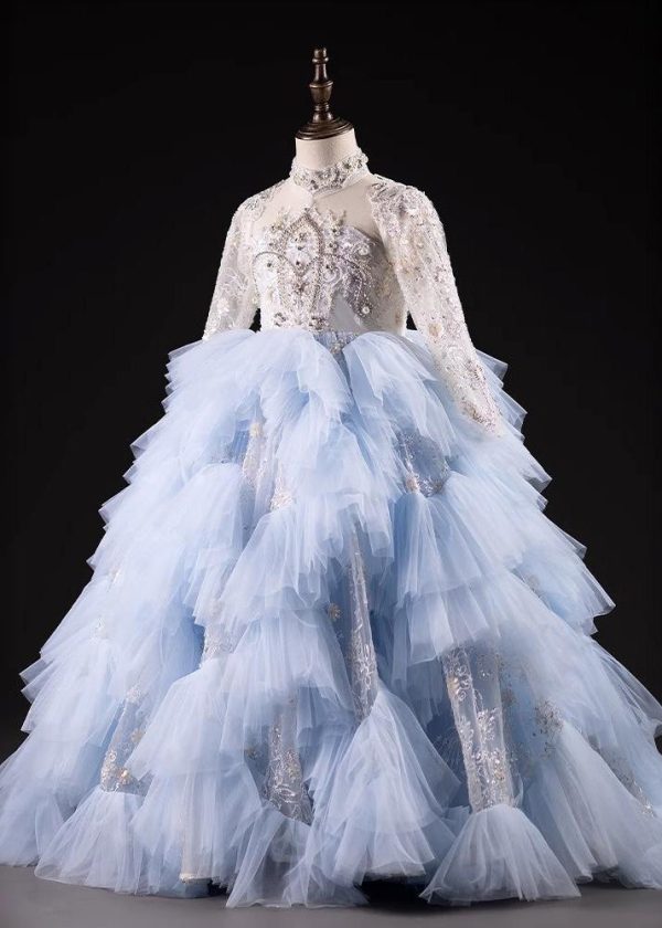 Boutique Light Blue Nail Bead Tulle Kids Maxi Dresses Spring - Image 2