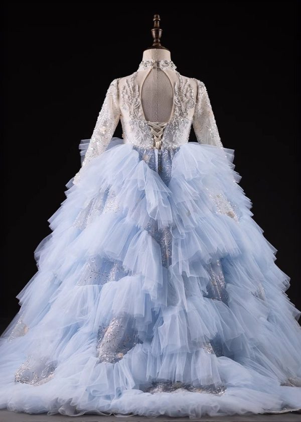 Boutique Light Blue Nail Bead Tulle Kids Maxi Dresses Spring - Image 3