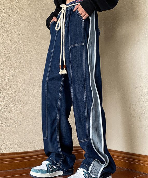 Boutique Navy Oversized Patchwork Denim Pants Men Apparel Spring