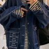 Boutique Navy Print Button Pockets Denim Mens Coats Spring