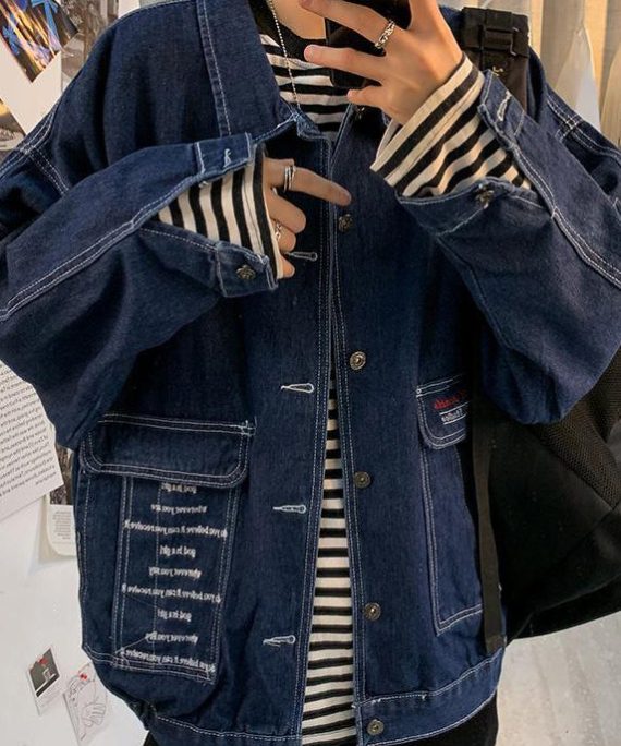 Boutique Navy Print Button Pockets Denim Mens Coats Spring